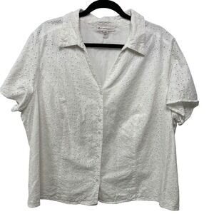 JM Collection Woman White‎ Eyelet Short Sleeve Button Up Shirt Plus Size 22W